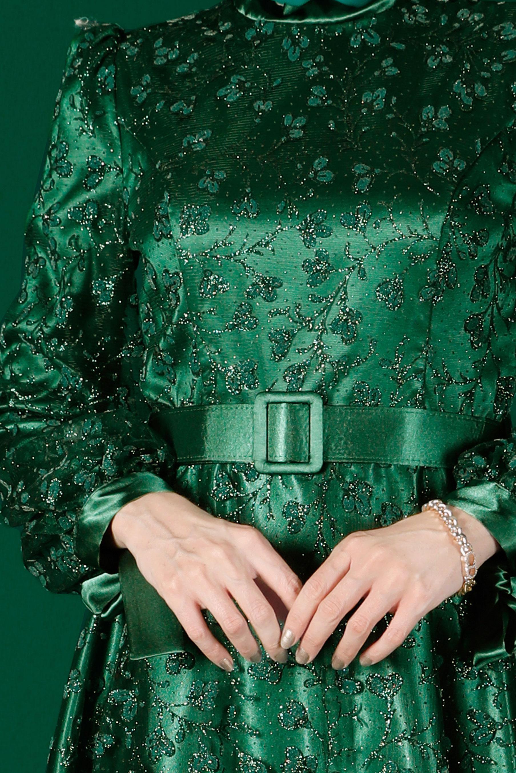 Vêtements hijab VERT ROBE DE SOIRÉE AVEC CEINTURE MOTIF FLEURI 50266