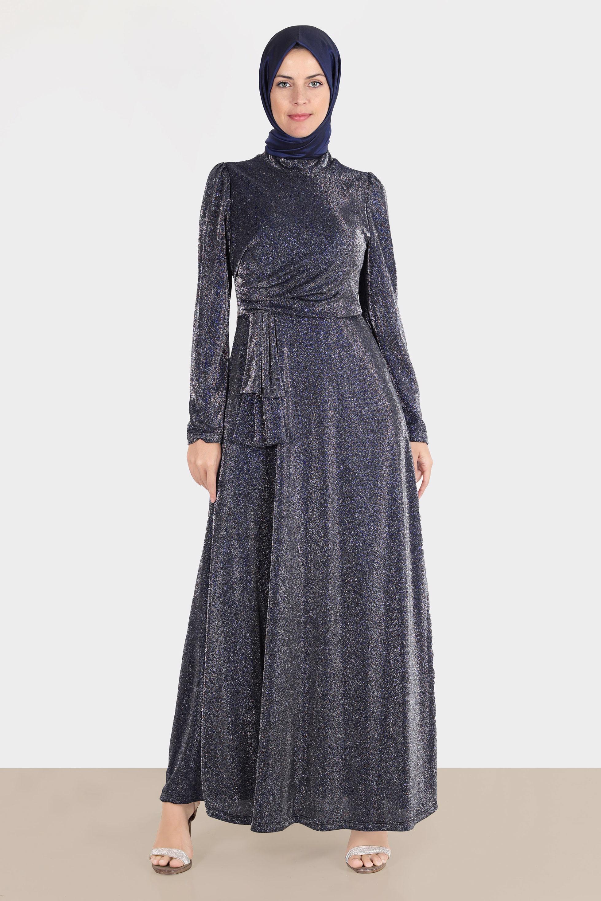 Tesettür giyim LACİVERT BELİ YANDAN BÜZGÜLÜ SİMLİ ABİYE 50269 