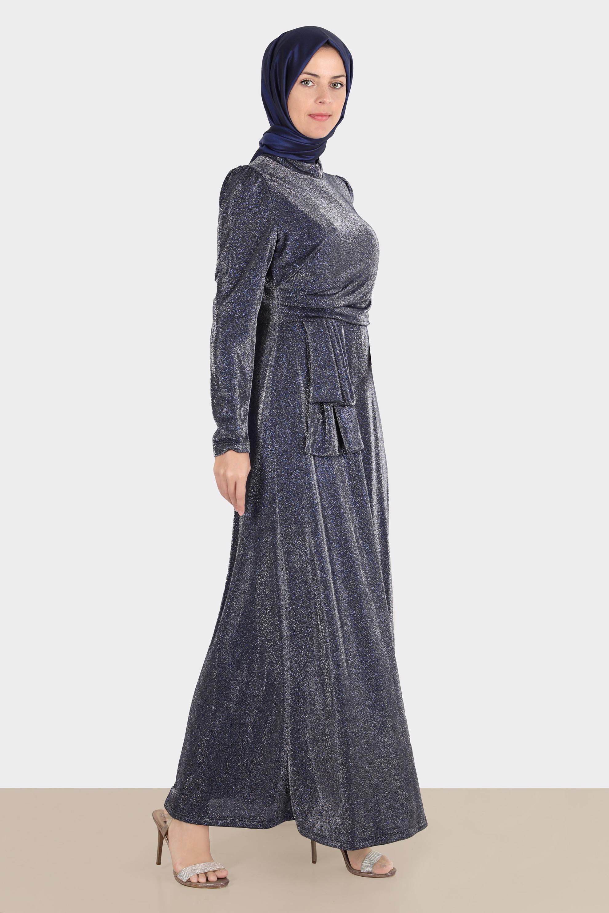 Tesettür giyim LACİVERT BELİ YANDAN BÜZGÜLÜ SİMLİ ABİYE 50269 