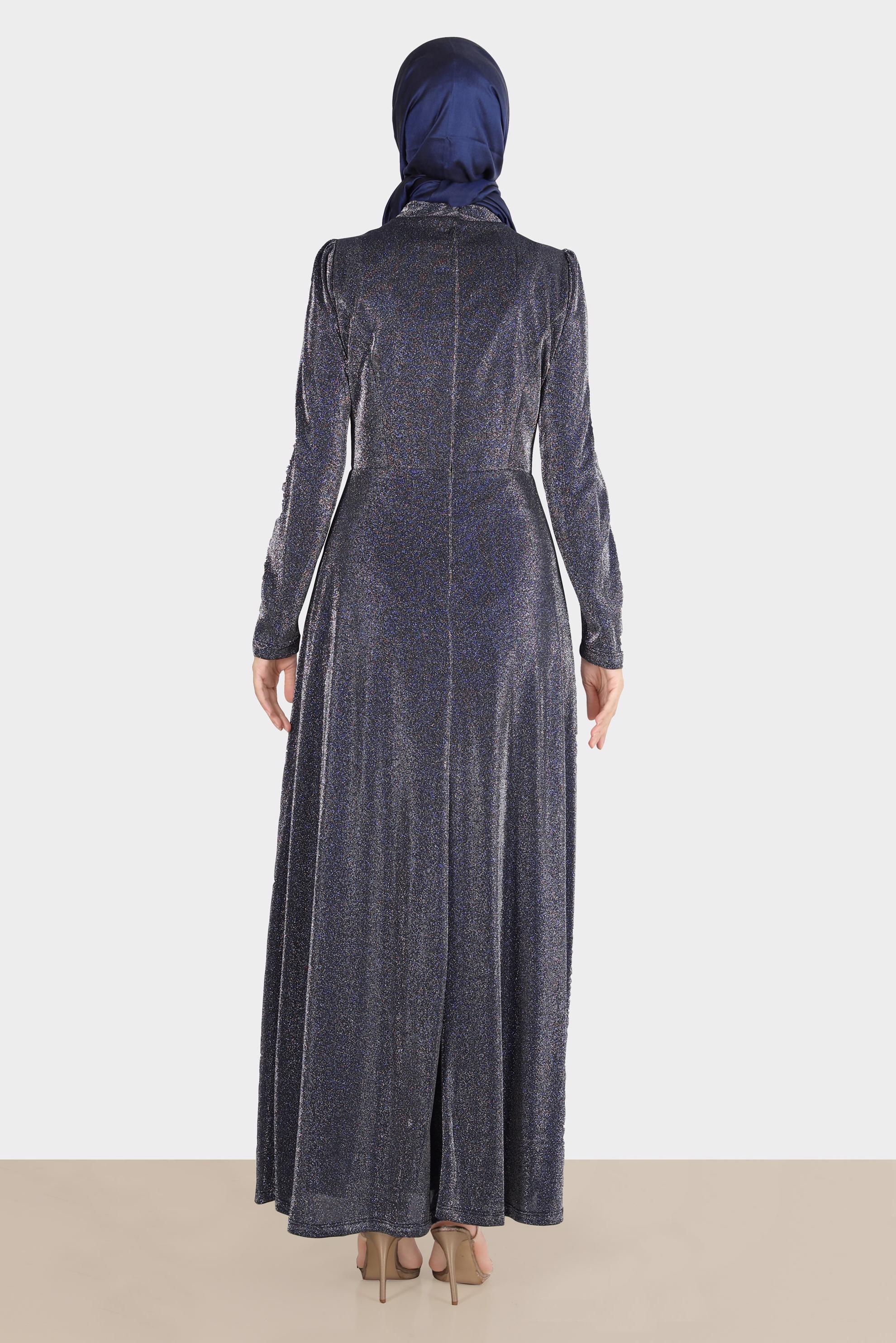 Tesettür giyim LACİVERT BELİ YANDAN BÜZGÜLÜ SİMLİ ABİYE 50269 