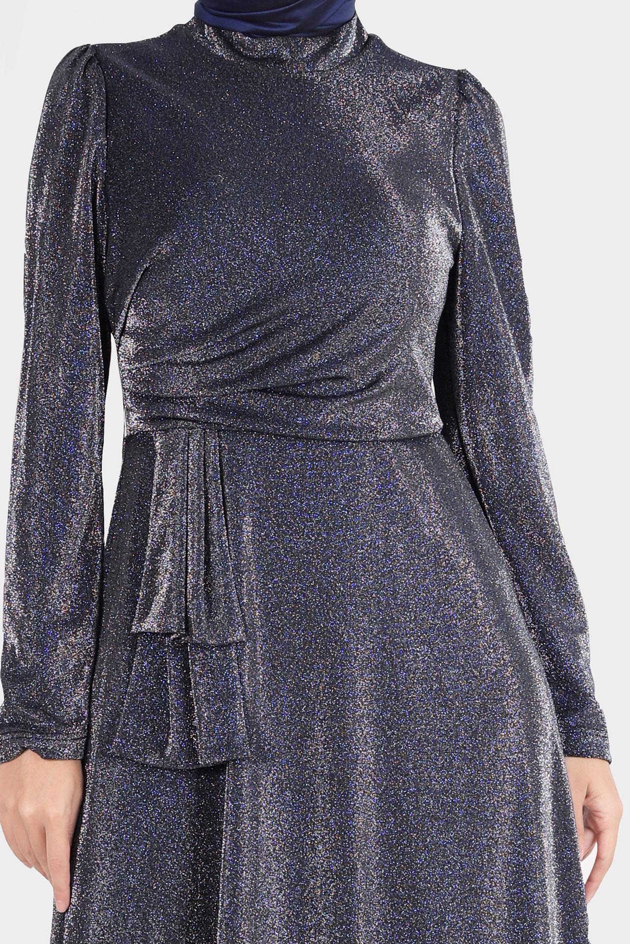 Tesettür giyim LACİVERT BELİ YANDAN BÜZGÜLÜ SİMLİ ABİYE 50269 