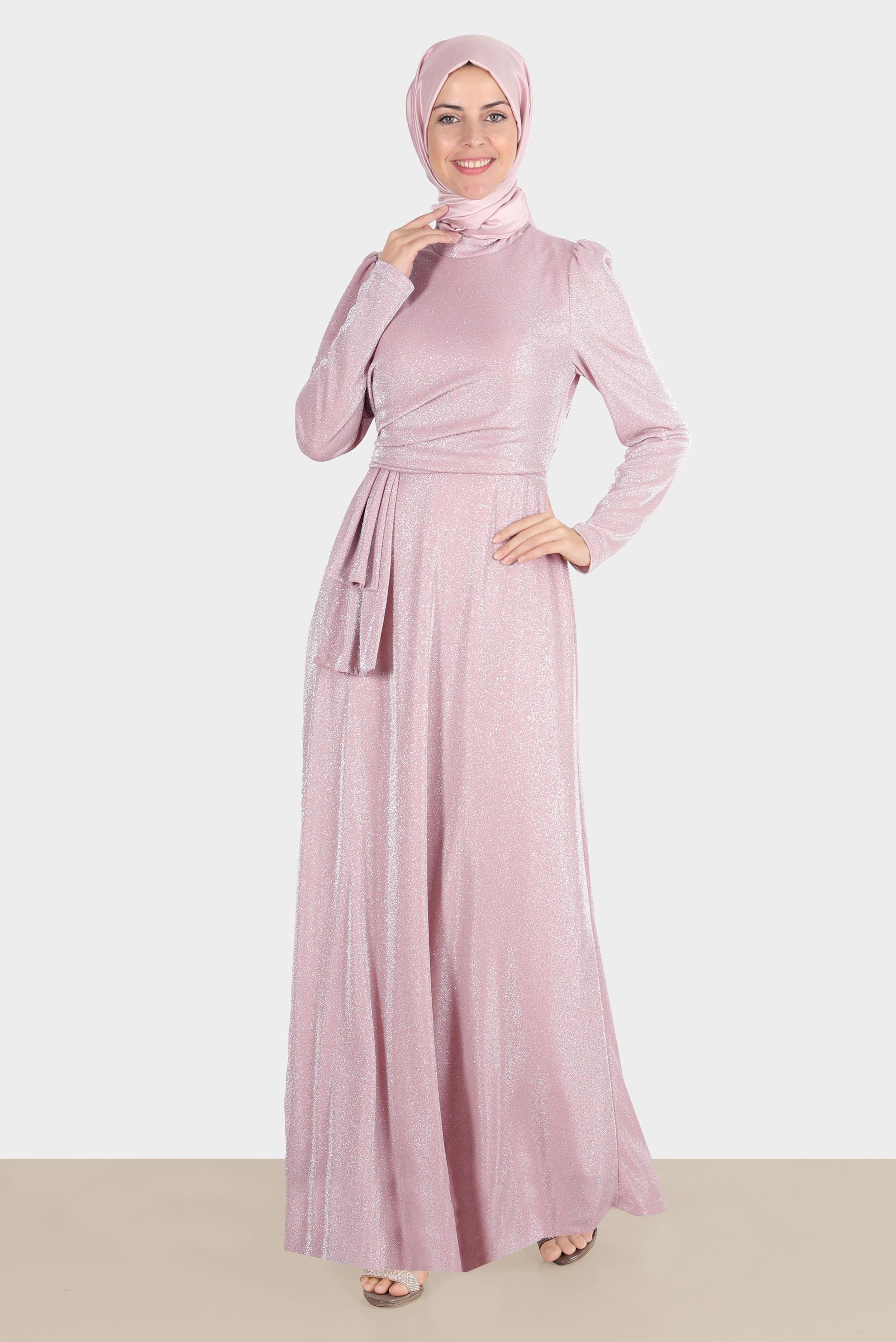 Tesettür giyim PUDRA YANDAN BÜZGÜLÜ SİMLİ ABİYE ELBİSE 50269-1