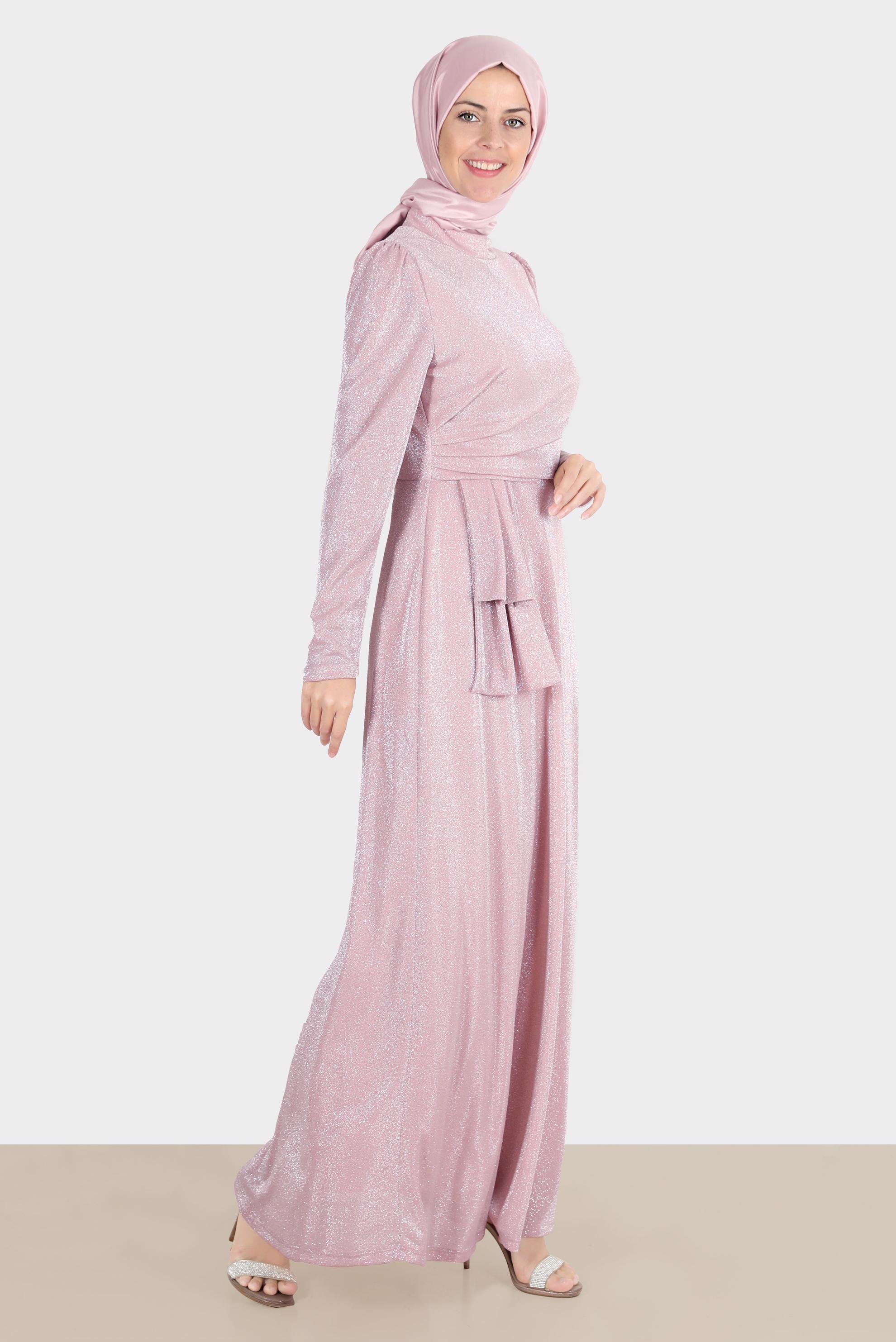 Tesettür giyim PUDRA YANDAN BÜZGÜLÜ SİMLİ ABİYE ELBİSE 50269-1