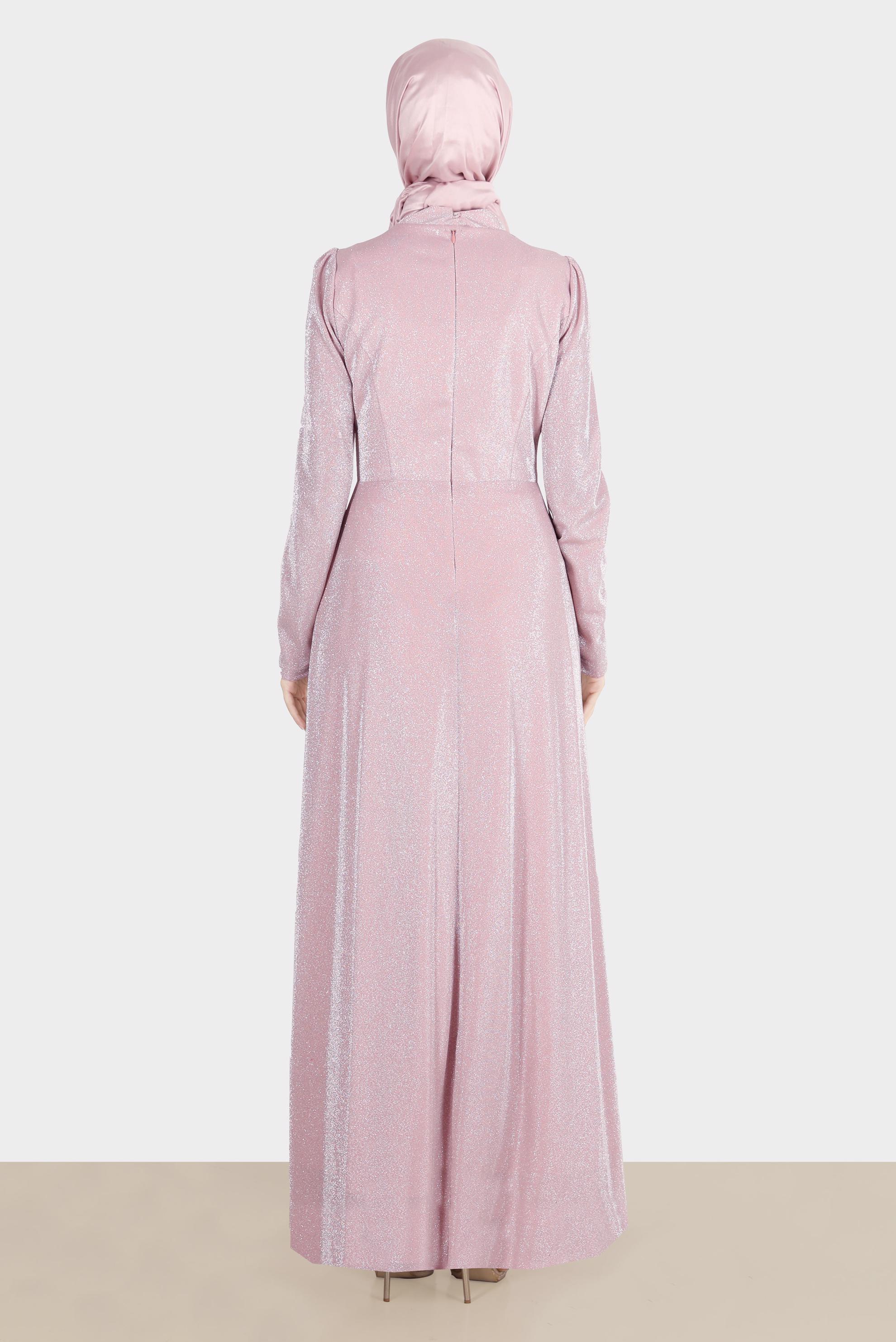 Tesettür giyim PUDRA YANDAN BÜZGÜLÜ SİMLİ ABİYE ELBİSE 50269-1