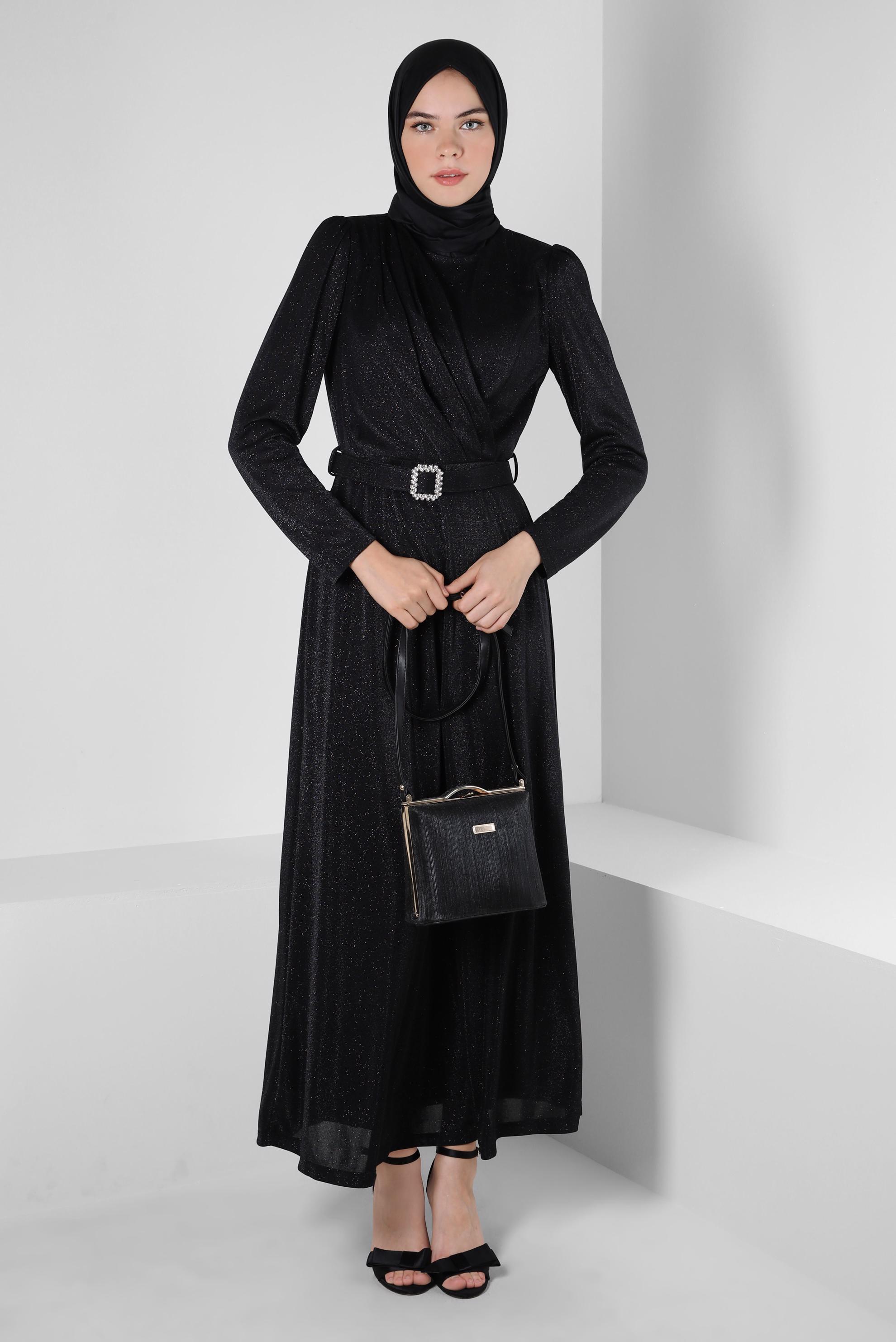 Tesettür giyim SİYAH KEMERLİ SİMLİ ABİYE ELBİSE 50270 