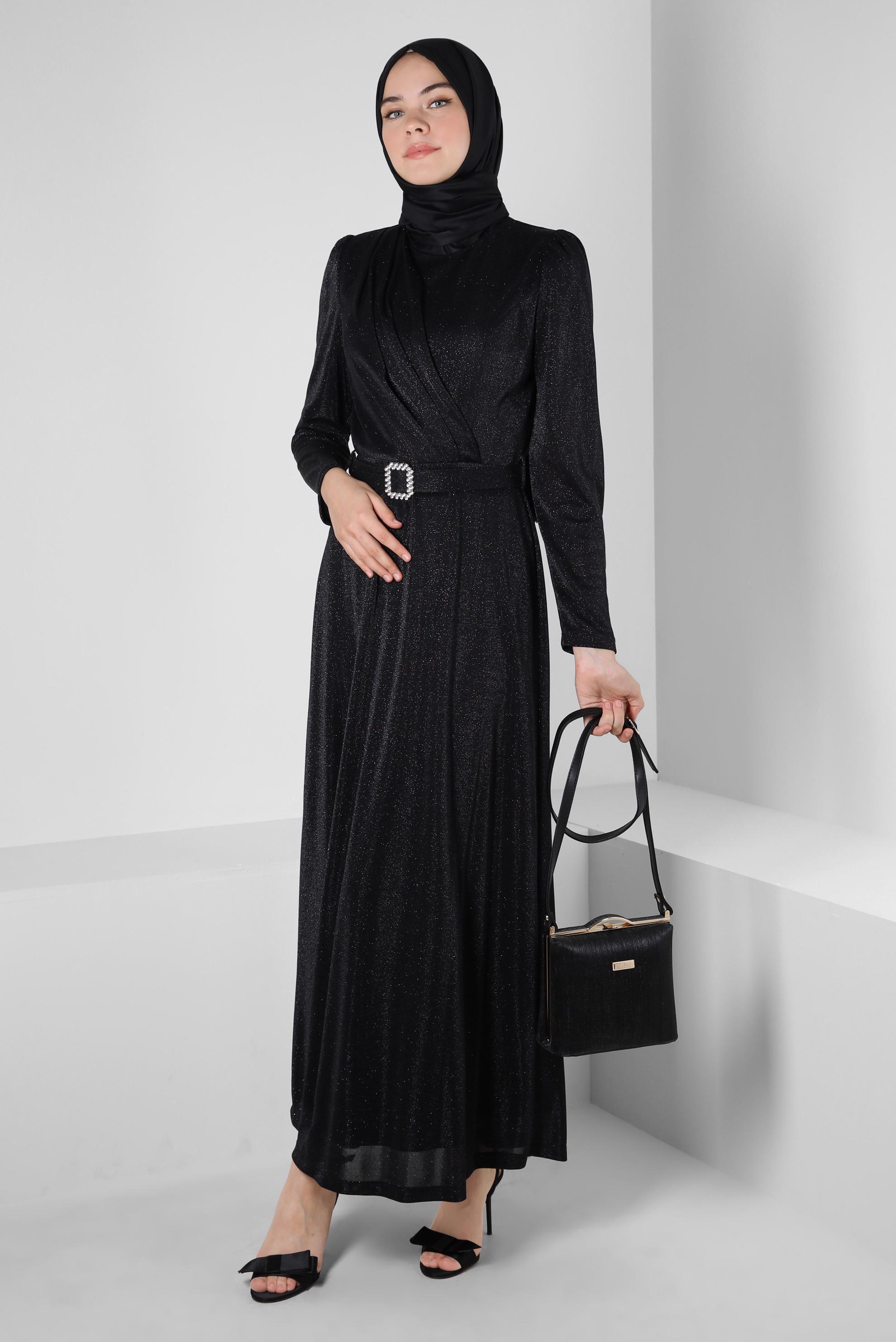Tesettür giyim SİYAH KEMERLİ SİMLİ ABİYE ELBİSE 50270 