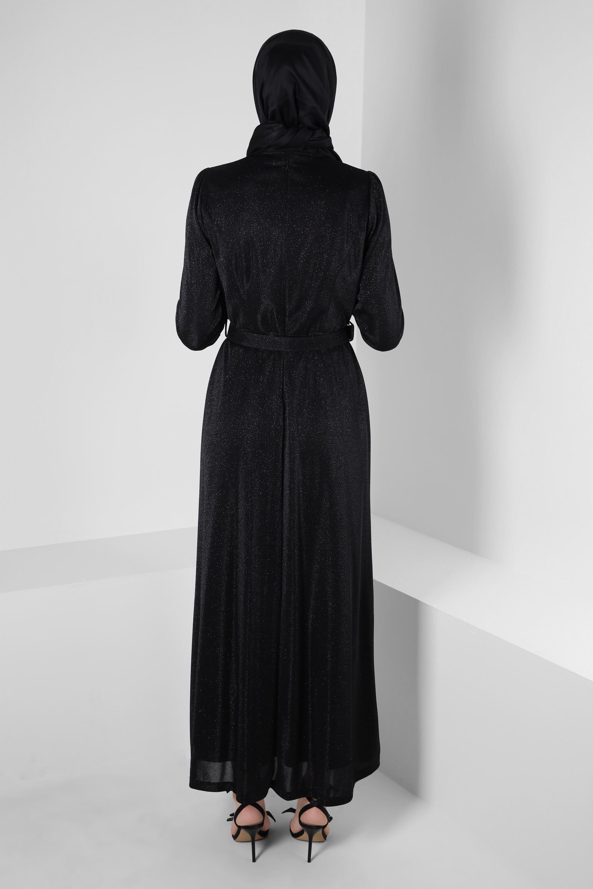 Tesettür giyim SİYAH KEMERLİ SİMLİ ABİYE ELBİSE 50270 