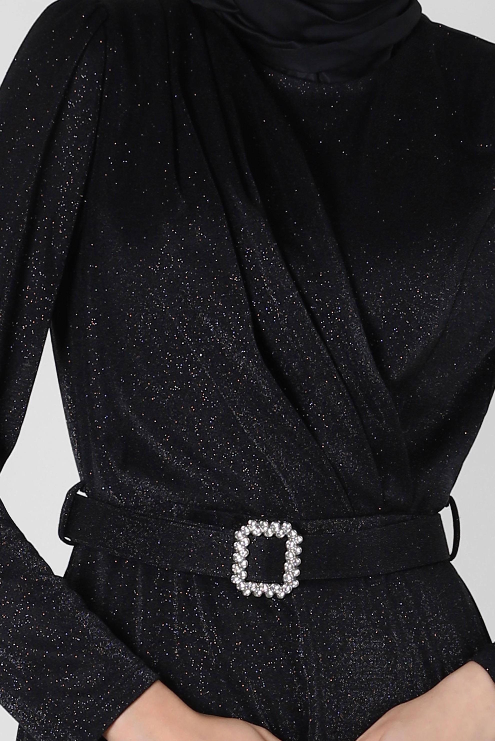 Tesettür giyim SİYAH KEMERLİ SİMLİ ABİYE ELBİSE 50270 