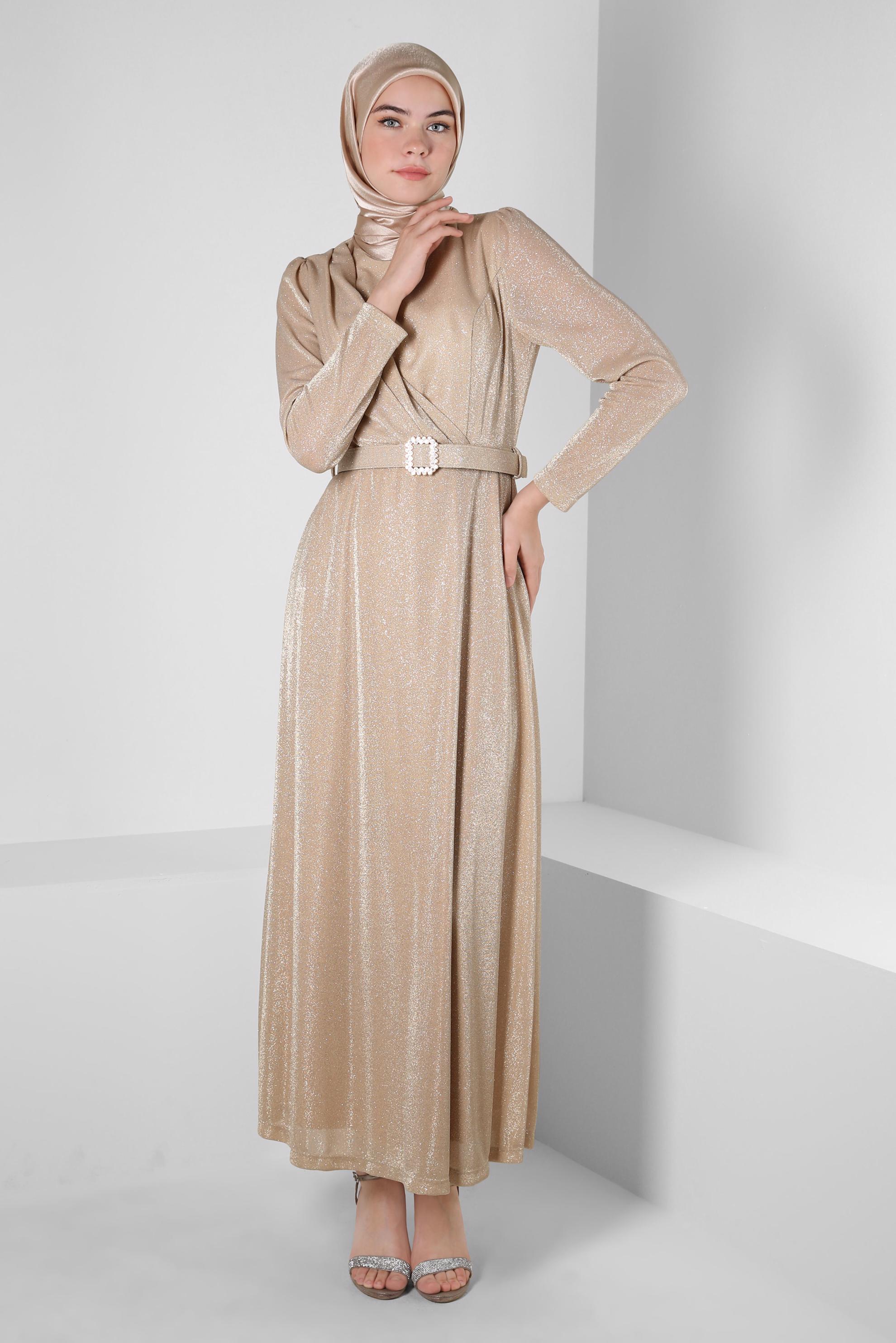 Tesettür giyim BEJ KEMERLİ SİMLİ ABİYE ELBİSE 50270 