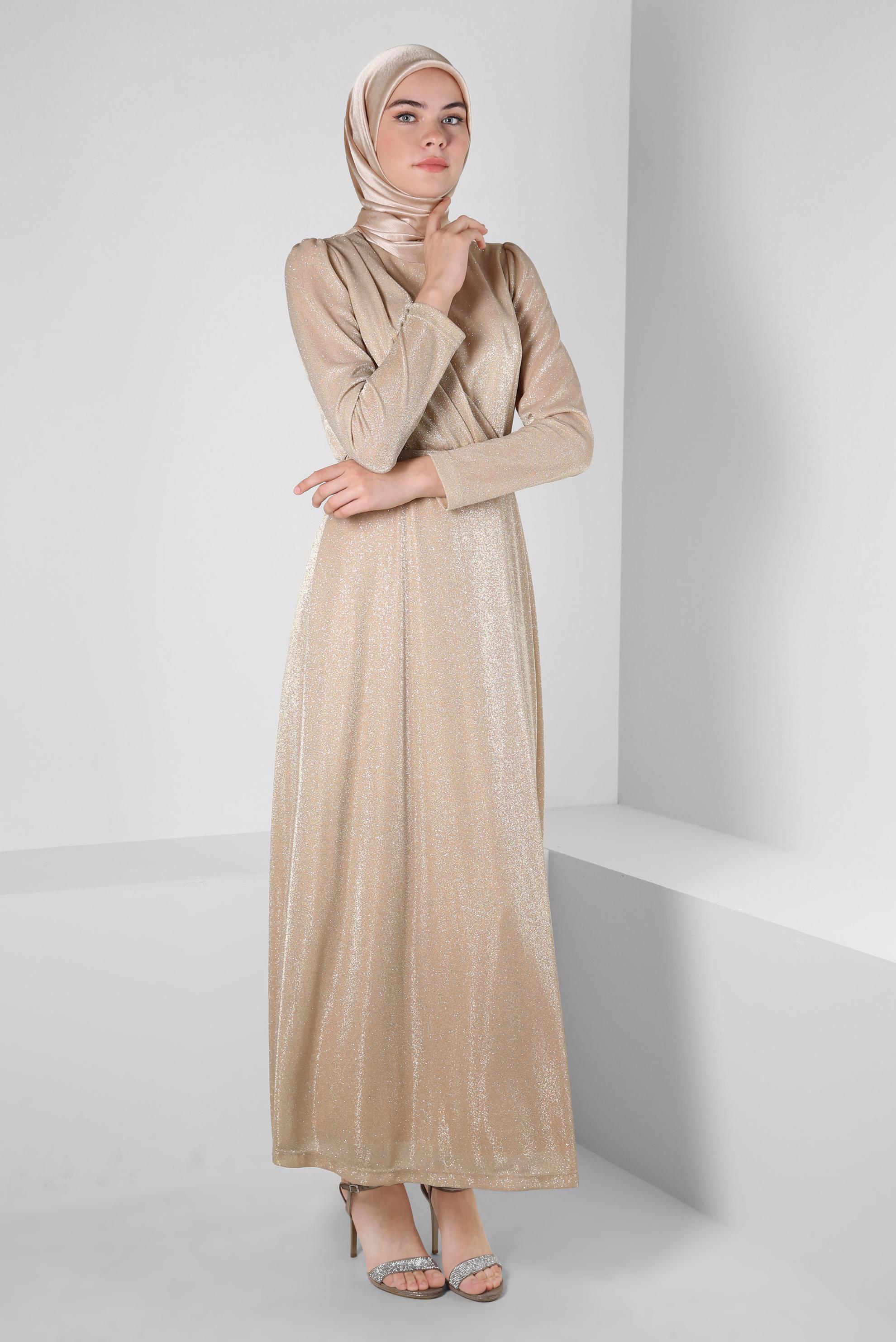Tesettür giyim BEJ KEMERLİ SİMLİ ABİYE ELBİSE 50270 