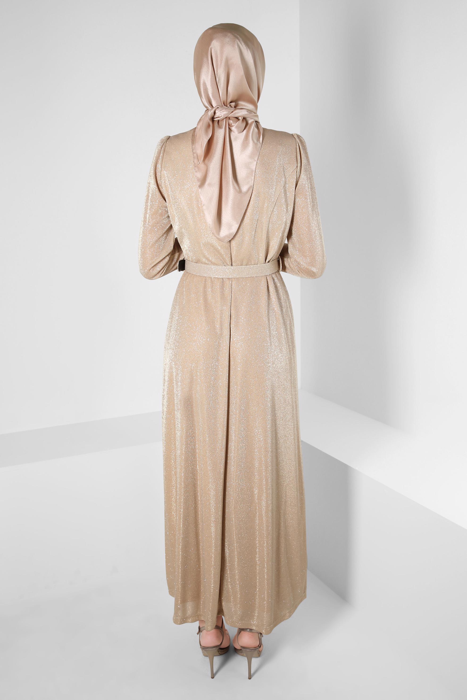 Tesettür giyim BEJ KEMERLİ SİMLİ ABİYE ELBİSE 50270 