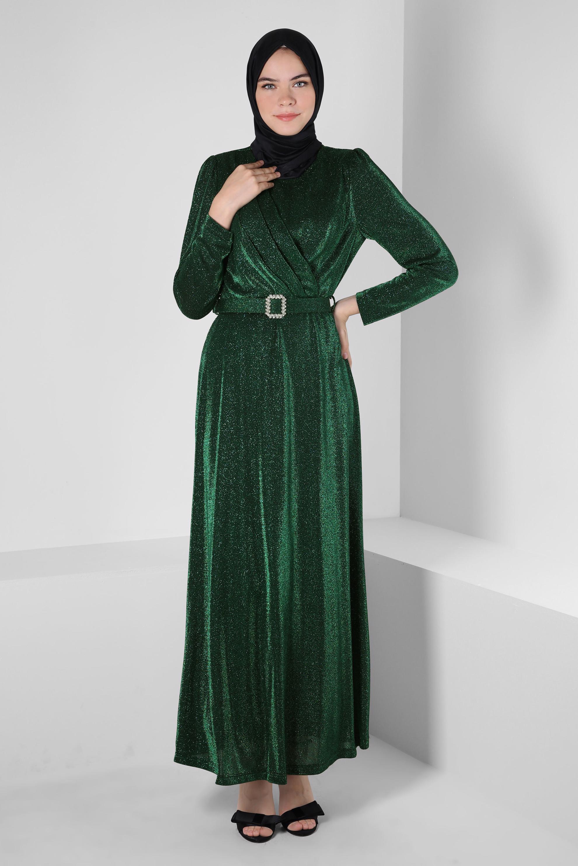 Tesettür giyim YEŞİL KEMERLİ SİMLİ ABİYE ELBİSE 50270 