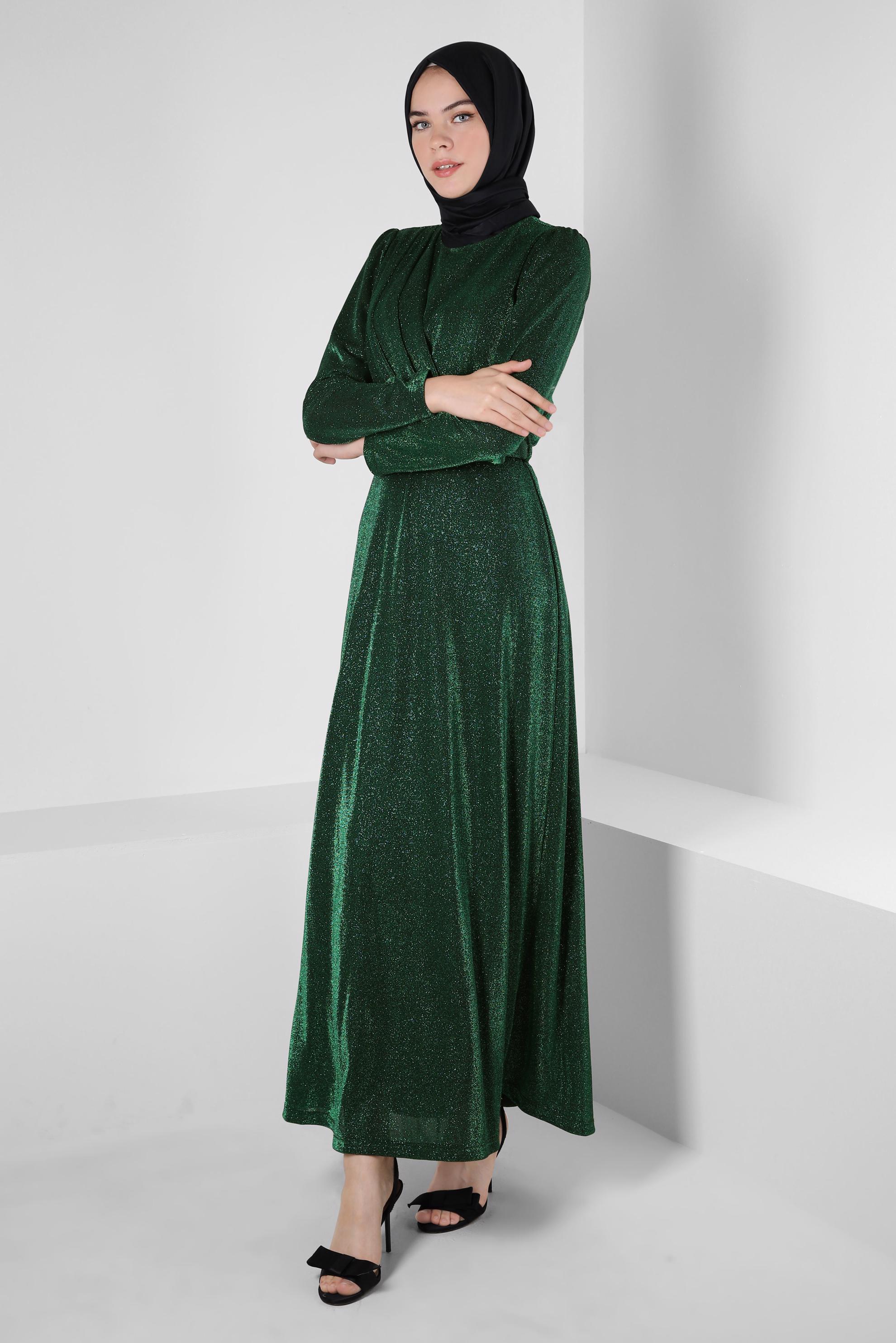 Tesettür giyim YEŞİL KEMERLİ SİMLİ ABİYE ELBİSE 50270 