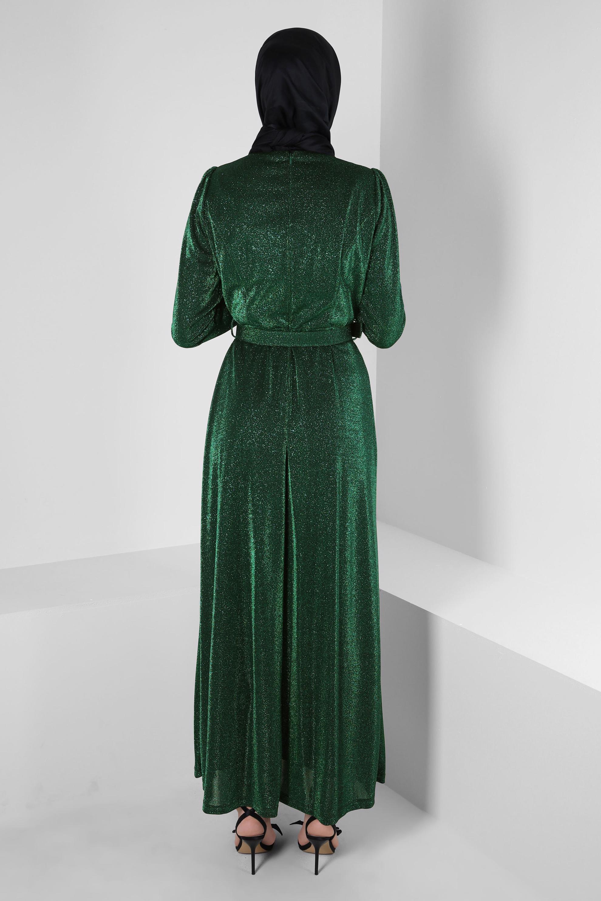 Tesettür giyim YEŞİL KEMERLİ SİMLİ ABİYE ELBİSE 50270 