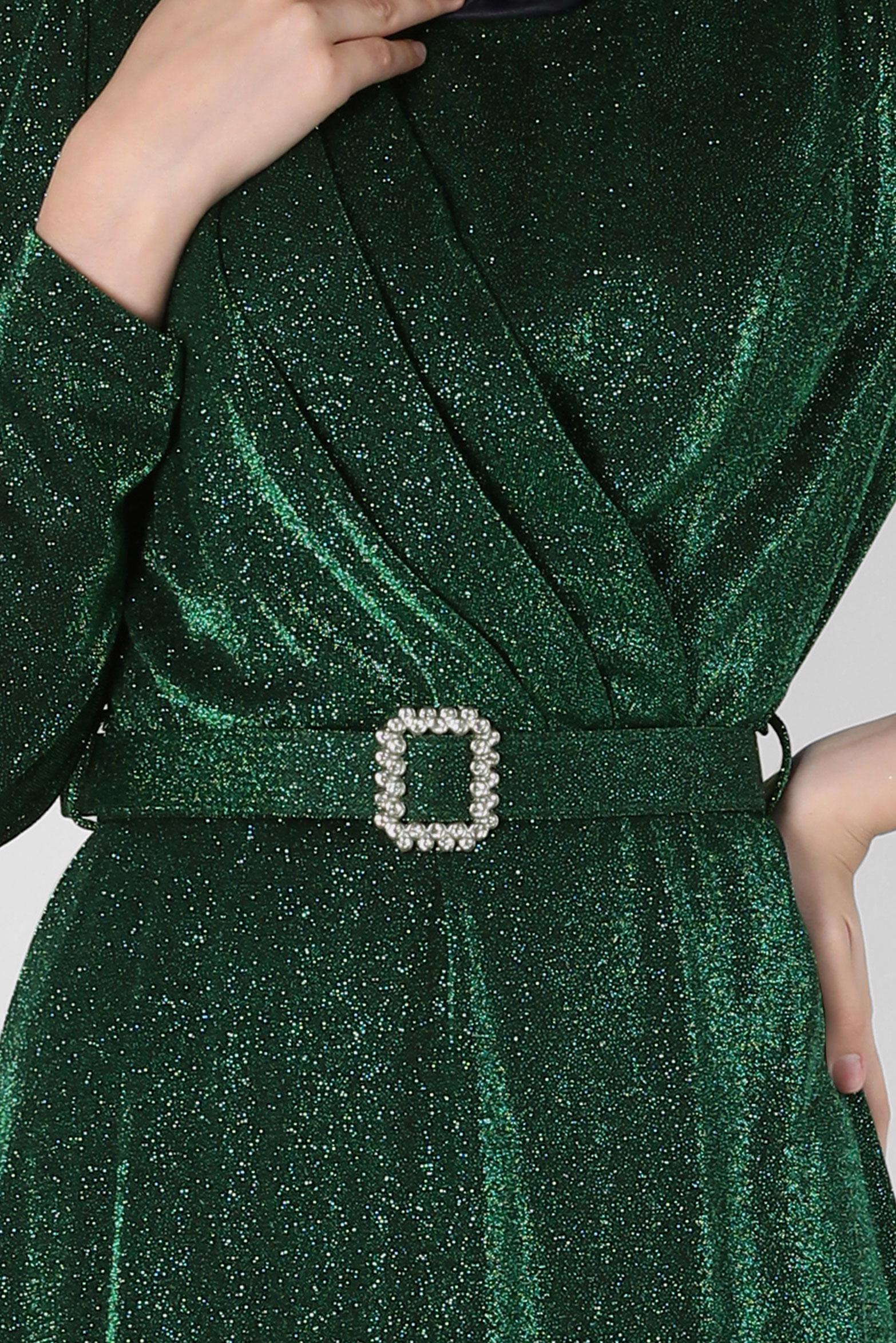 Tesettür giyim YEŞİL KEMERLİ SİMLİ ABİYE ELBİSE 50270 