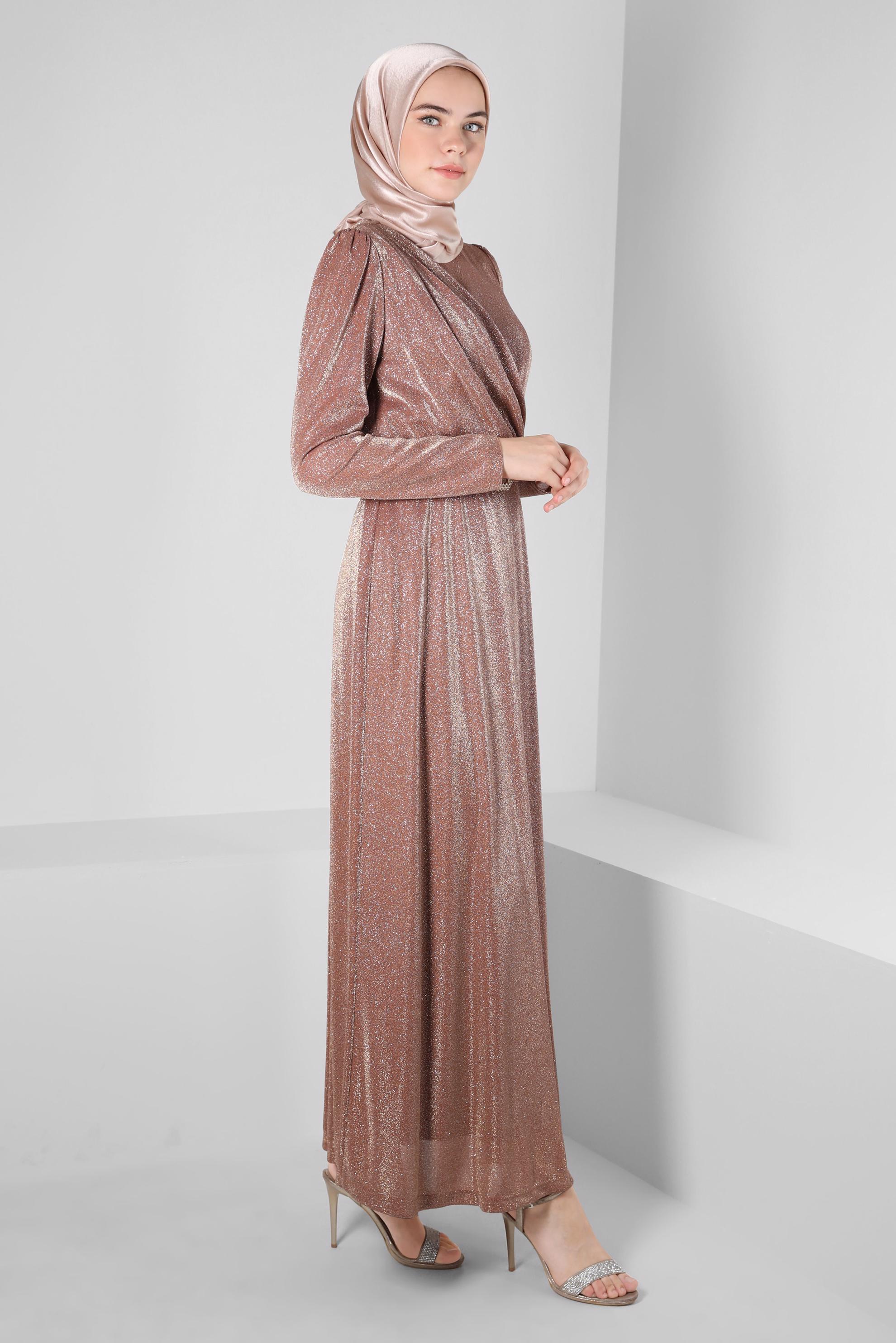 Tesettür giyim KAHVE KEMERLİ SİMLİ ABİYE ELBİSE 50270 