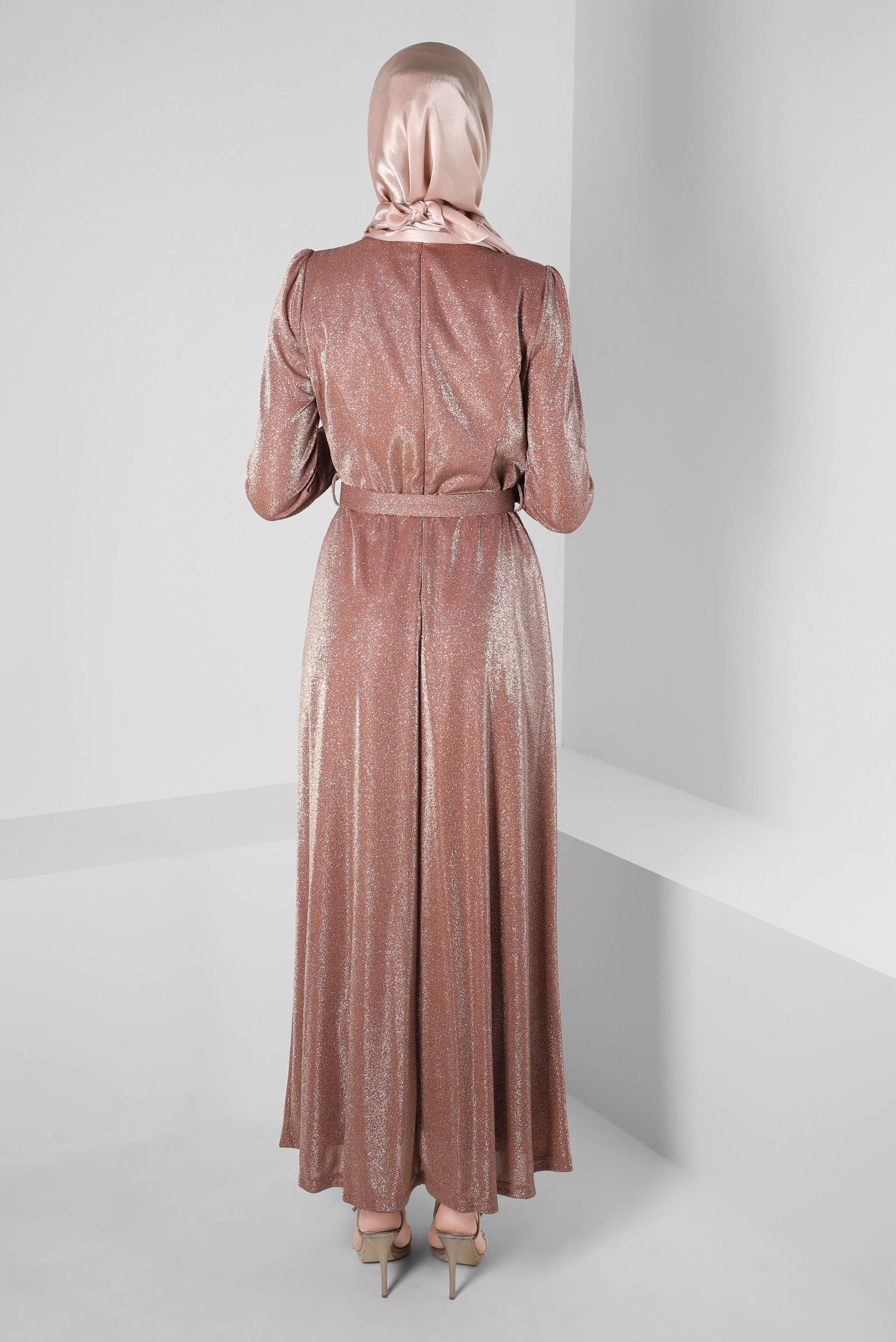 Tesettür giyim KAHVE KEMERLİ SİMLİ ABİYE ELBİSE 50270 