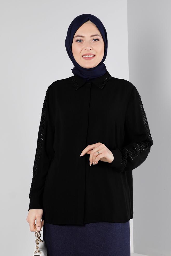Vêtements hijab NOIR BLOUSE À BOUTONS INVISIBLES À SEQUINS 20240 - ALVİNA