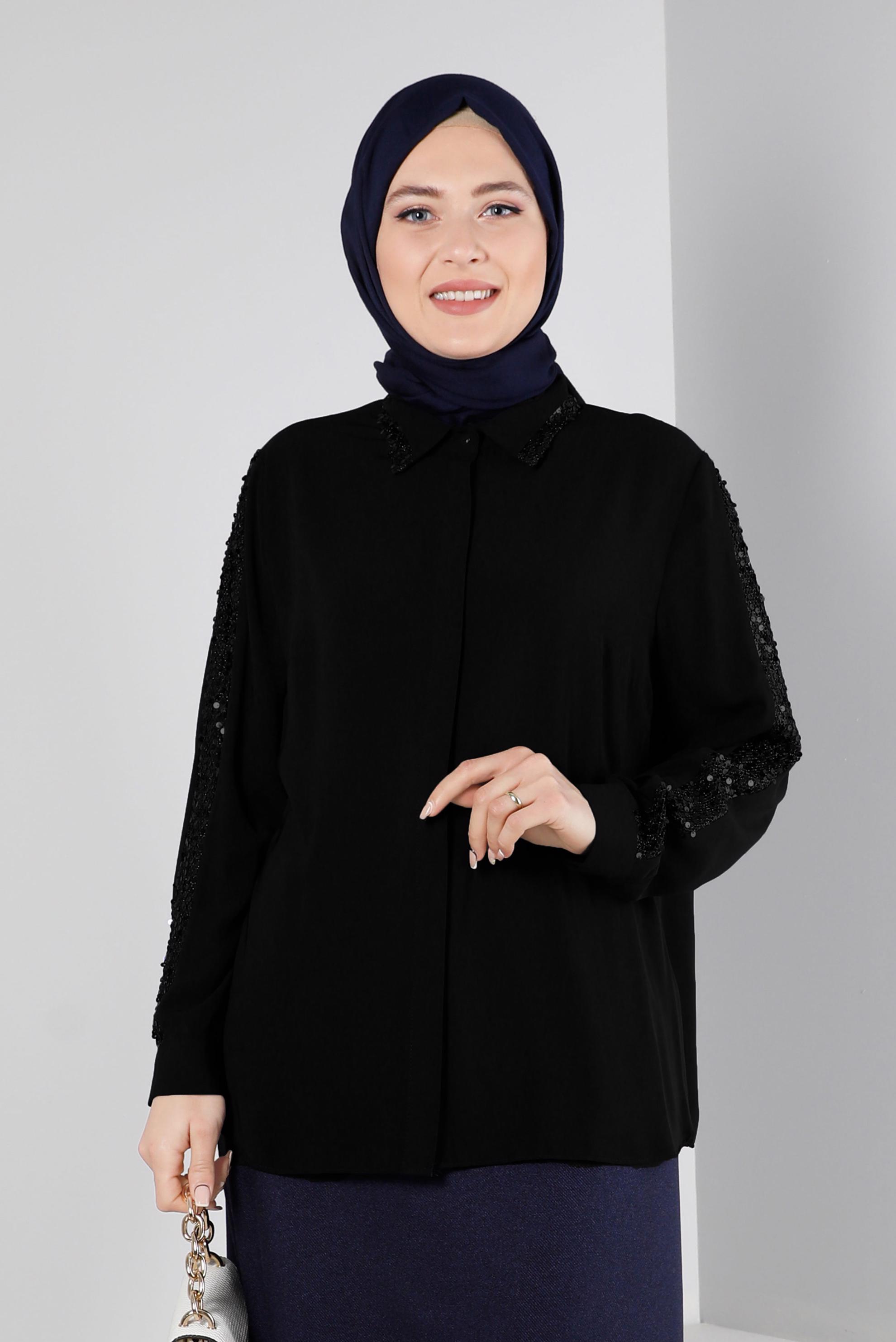 Vêtements hijab NOIR BLOUSE À BOUTONS INVISIBLES À SEQUINS 20240