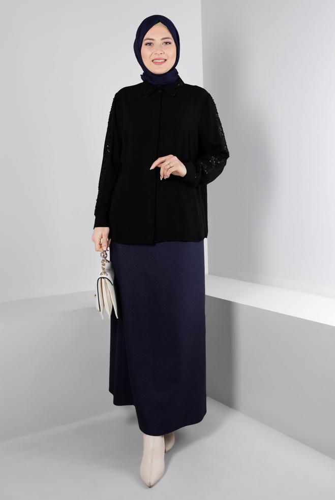 Vêtements hijab NOIR BLOUSE À BOUTONS INVISIBLES À SEQUINS 20240 - ALVİNA