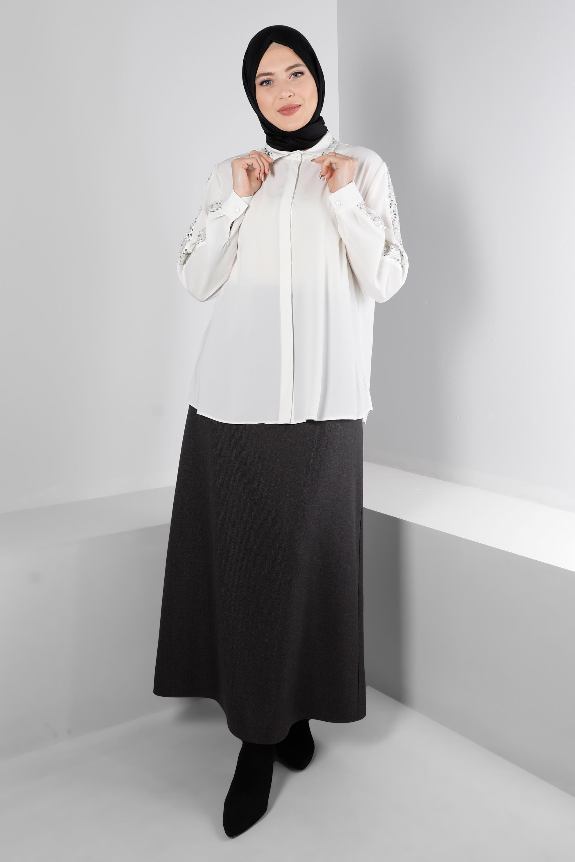 Hijab clothing WHITE SEQUİNED INVISIBLE BUTTONED BLOUSE 20240