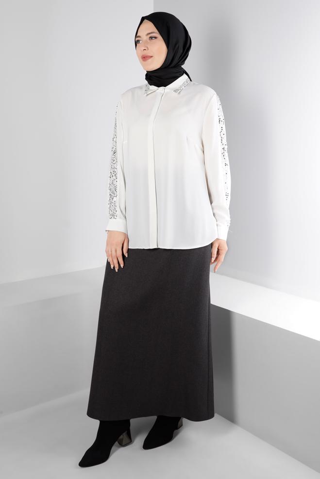 Vêtements hijab BLANC BLOUSE À BOUTONS INVISIBLES À SEQUINS 20240 - ALVİNA