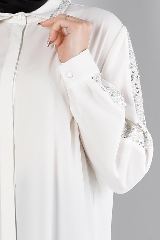Vêtements hijab BLANC BLOUSE À BOUTONS INVISIBLES À SEQUINS 20240 - ALVİNA