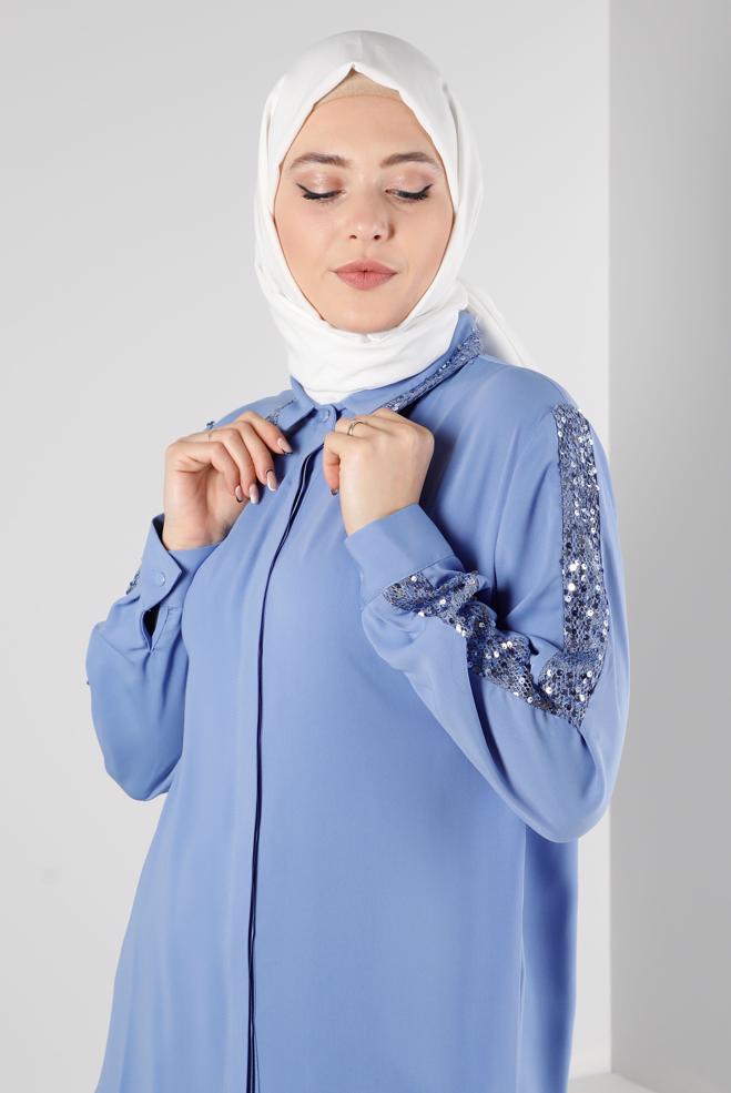Vêtements hijab BLEU BLOUSE À BOUTONS INVISIBLES À SEQUINS 20240 - ALVİNA