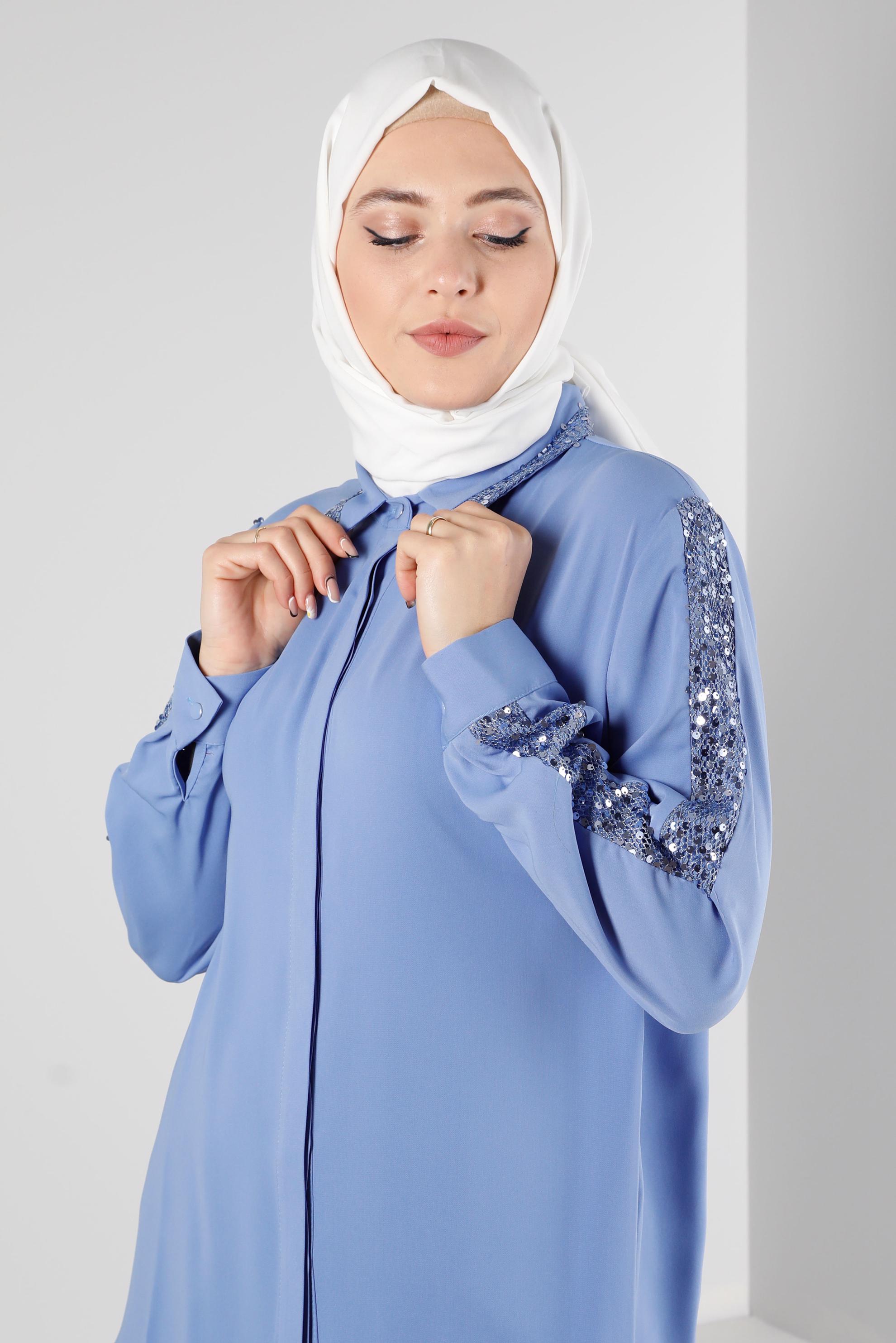 Vêtements hijab BLEU BLOUSE À BOUTONS INVISIBLES À SEQUINS 20240