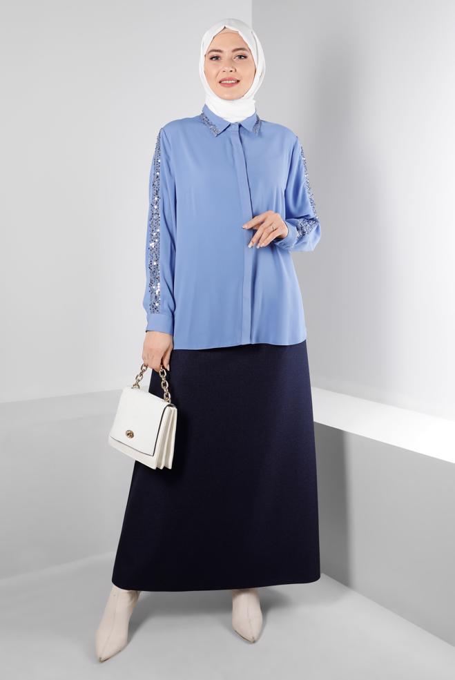 Vêtements hijab BLEU BLOUSE À BOUTONS INVISIBLES À SEQUINS 20240 - ALVİNA