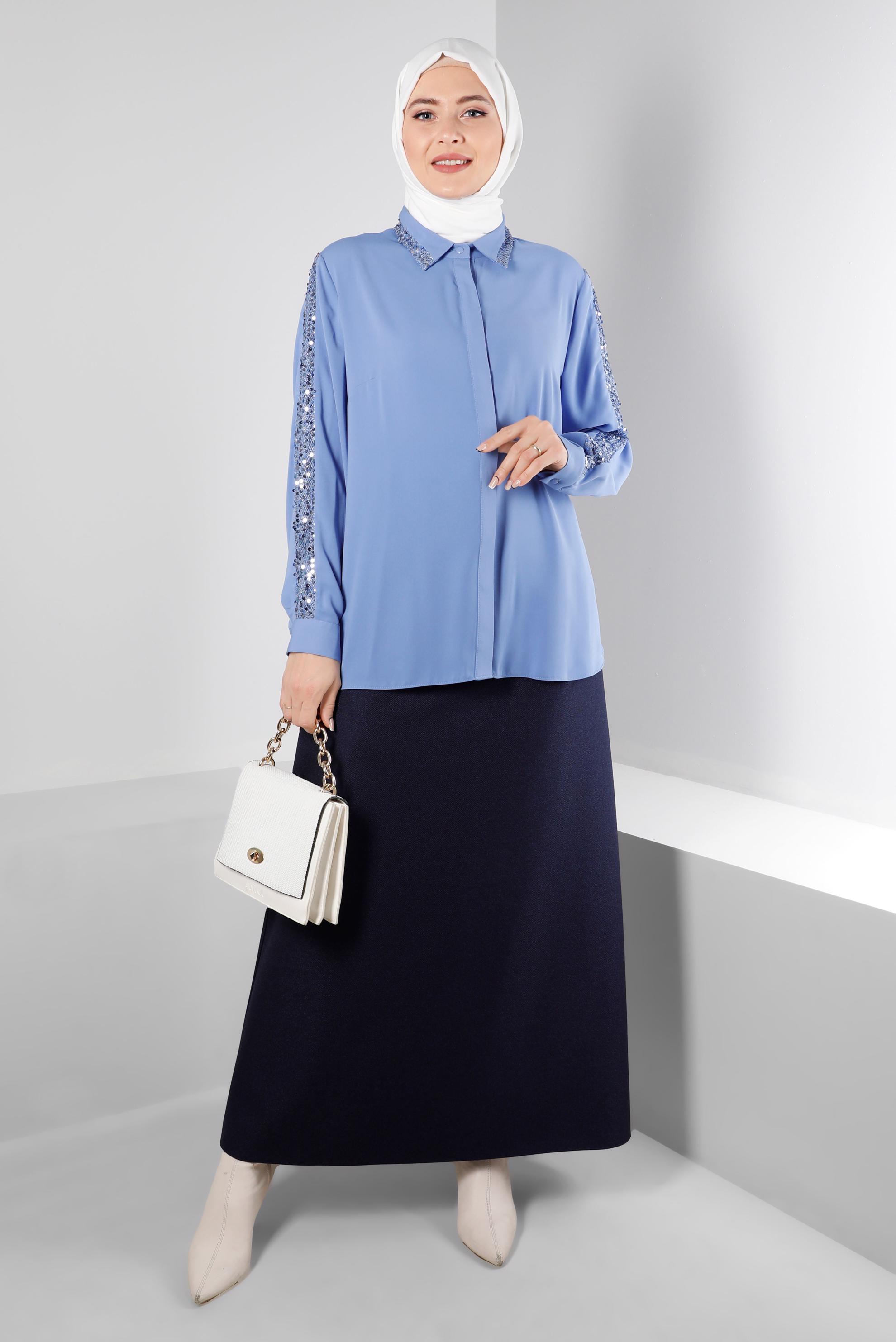 Vêtements hijab BLEU BLOUSE À BOUTONS INVISIBLES À SEQUINS 20240