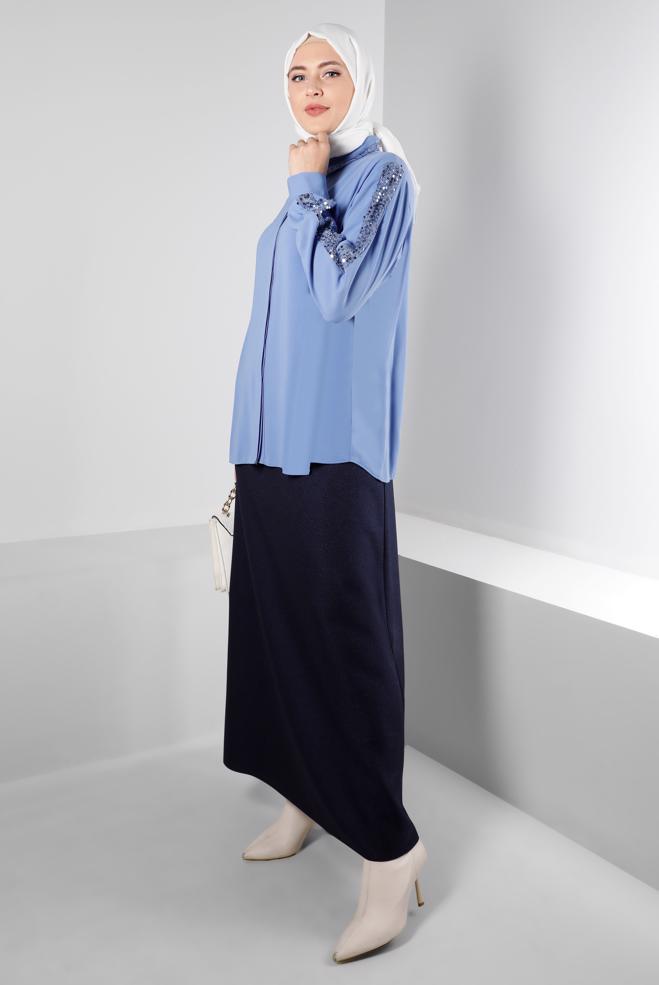Vêtements hijab BLEU BLOUSE À BOUTONS INVISIBLES À SEQUINS 20240 - ALVİNA