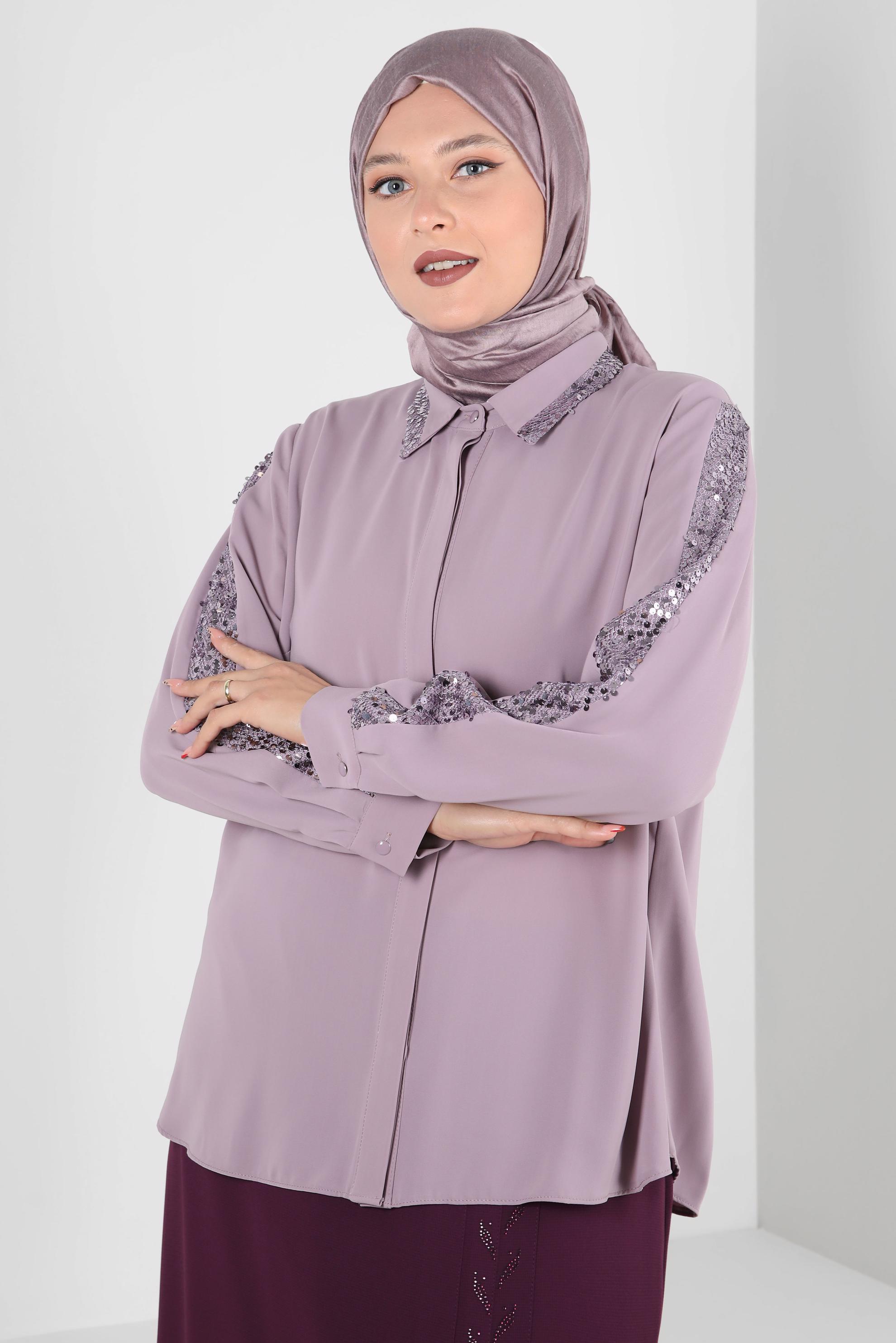 Vêtements hijab POURPRE BLOUSE À BOUTONS INVISIBLES À SEQUINS 20240