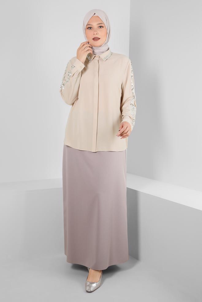 Vêtements hijab BEIGE BLOUSE À BOUTONS INVISIBLES À SEQUINS 20240 - ALVİNA