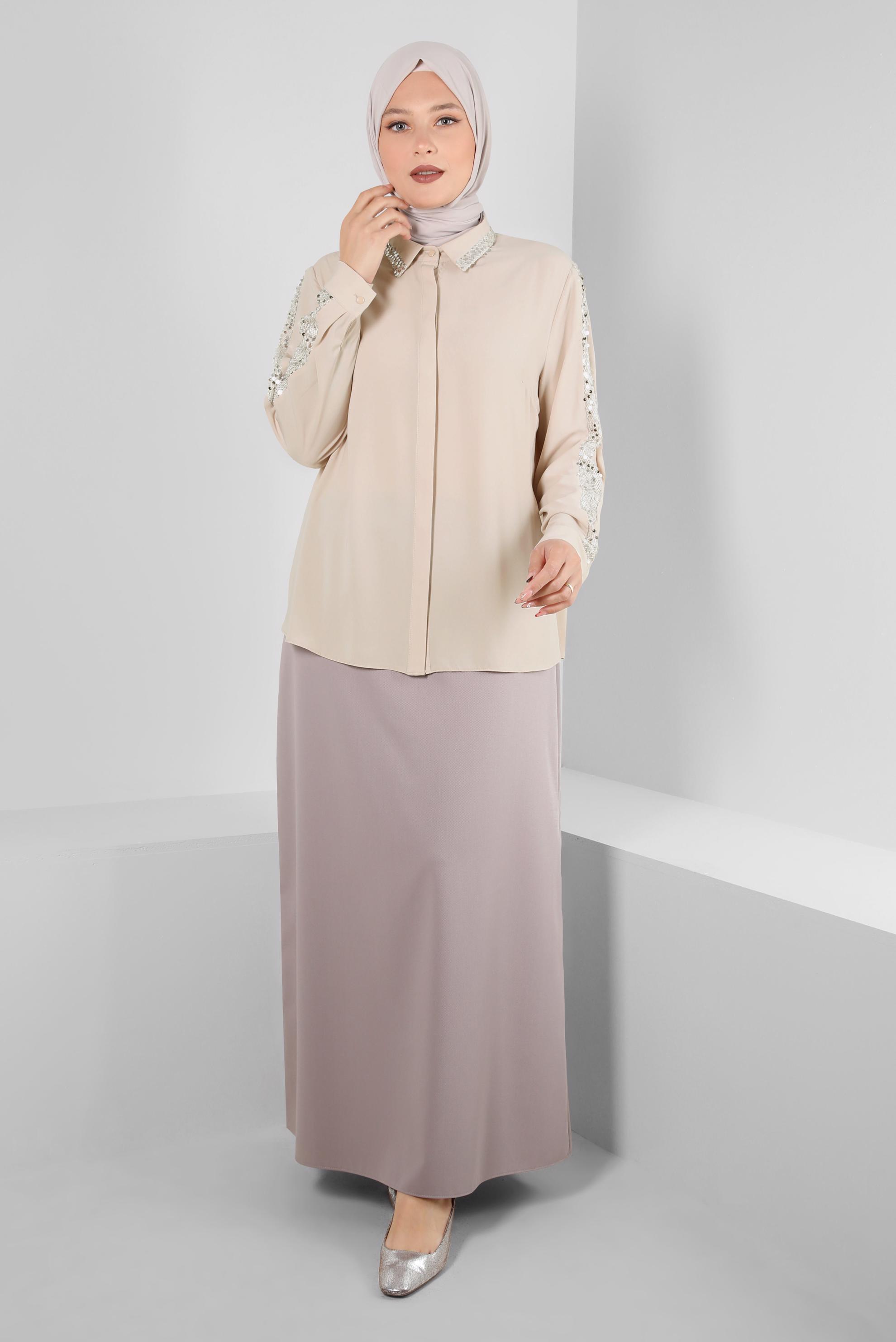 Vêtements hijab BEIGE BLOUSE À BOUTONS INVISIBLES À SEQUINS 20240
