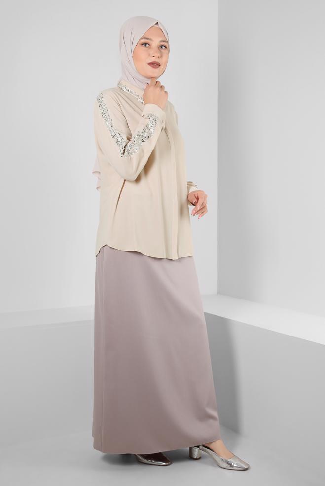 Vêtements hijab BEIGE BLOUSE À BOUTONS INVISIBLES À SEQUINS 20240 - ALVİNA