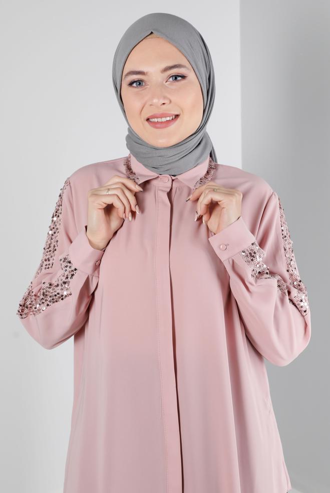 Vêtements hijab POUDRE BLOUSE À BOUTONS INVISIBLES À SEQUINS 20240 - ALVİNA