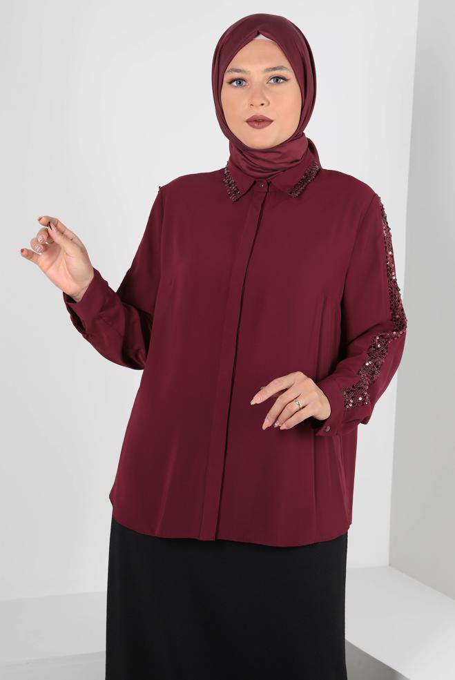 Vêtements hijab ROUGE BORDEAUX BLOUSE À BOUTONS INVISIBLES À SEQUINS 20240 - ALVİNA