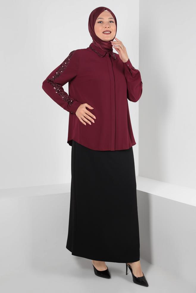 Vêtements hijab ROUGE BORDEAUX BLOUSE À BOUTONS INVISIBLES À SEQUINS 20240 - ALVİNA