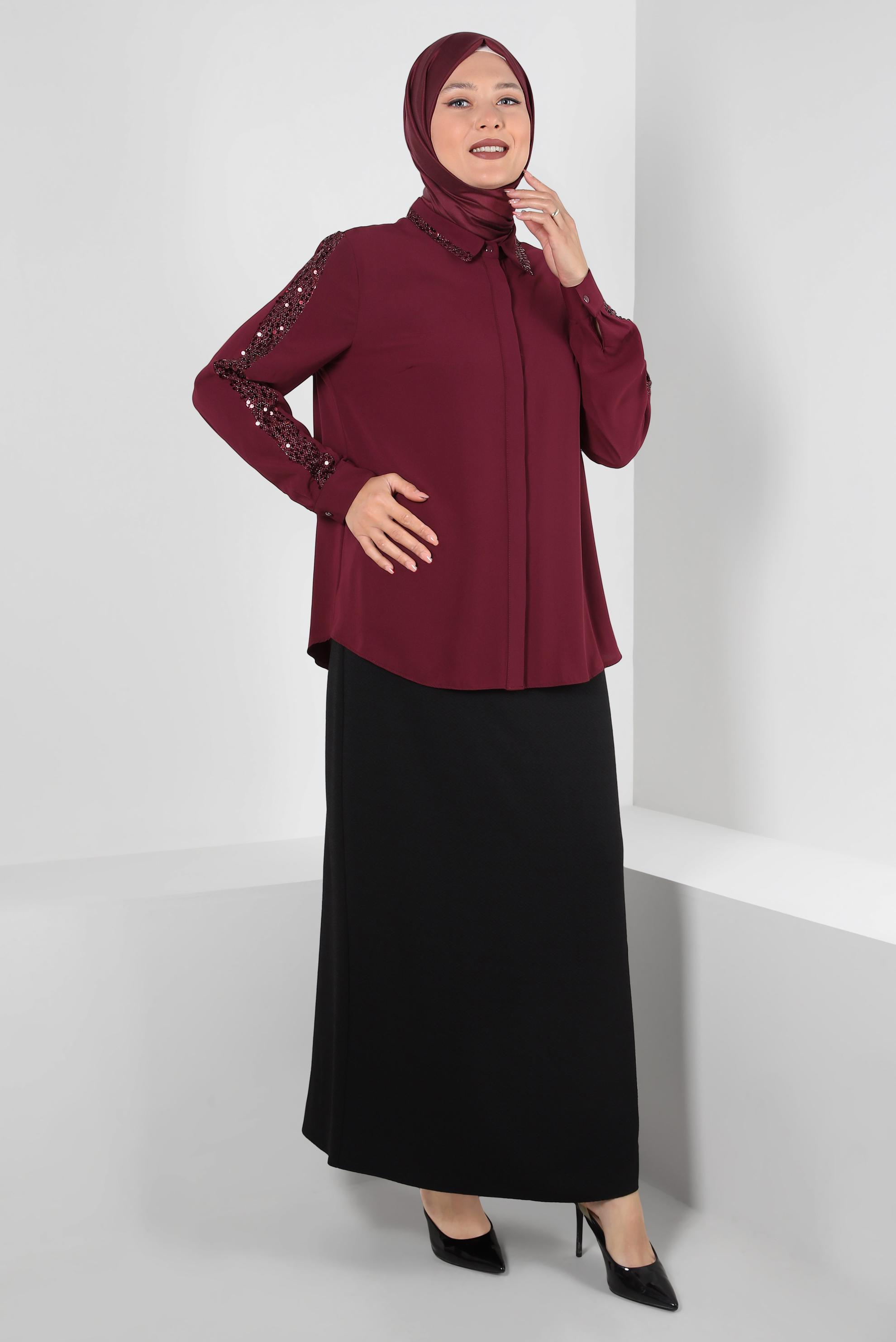 Vêtements hijab ROUGE BORDEAUX BLOUSE À BOUTONS INVISIBLES À SEQUINS 20240