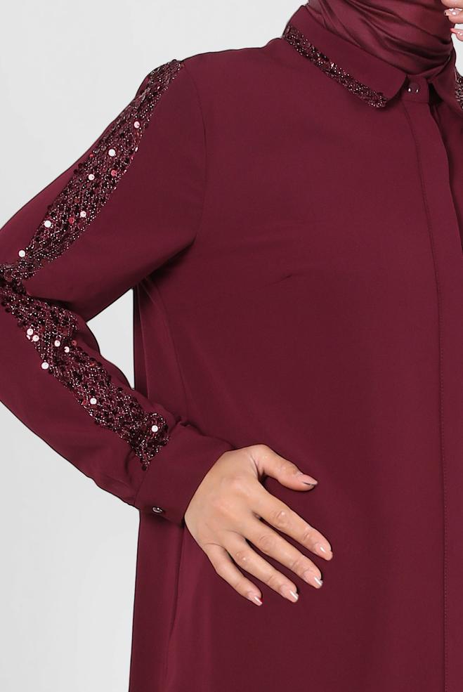Vêtements hijab ROUGE BORDEAUX BLOUSE À BOUTONS INVISIBLES À SEQUINS 20240 - ALVİNA