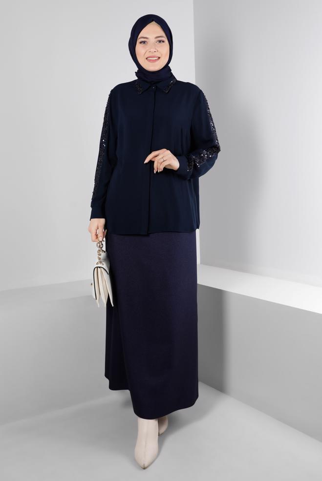 Vêtements hijab BLEU MARINE BLOUSE À BOUTONS INVISIBLES À SEQUINS 20240 - ALVİNA