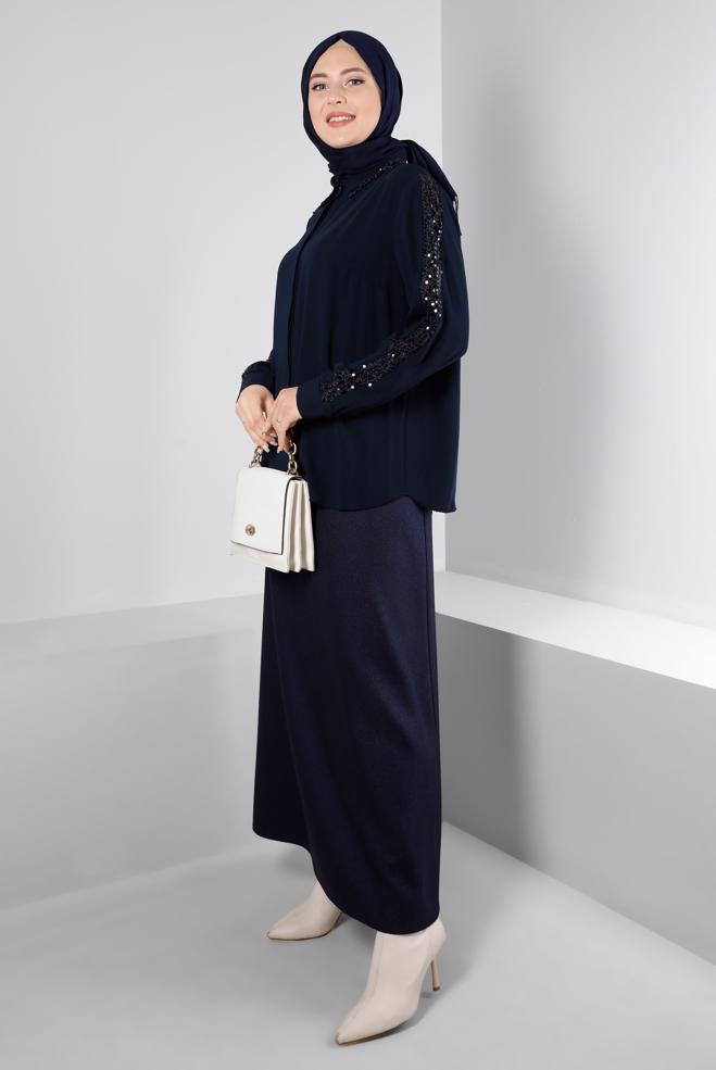 Vêtements hijab BLEU MARINE BLOUSE À BOUTONS INVISIBLES À SEQUINS 20240 - ALVİNA