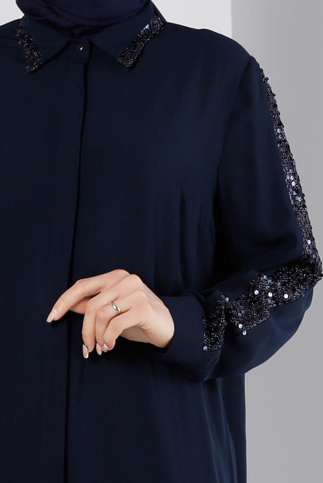 Vêtements hijab BLEU MARINE BLOUSE À BOUTONS INVISIBLES À SEQUINS 20240 - ALVİNA