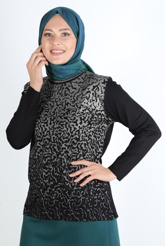 Hijab clothing BLACK PATTERNED VISCOSE BLOUSE 20248  - ALVİNA