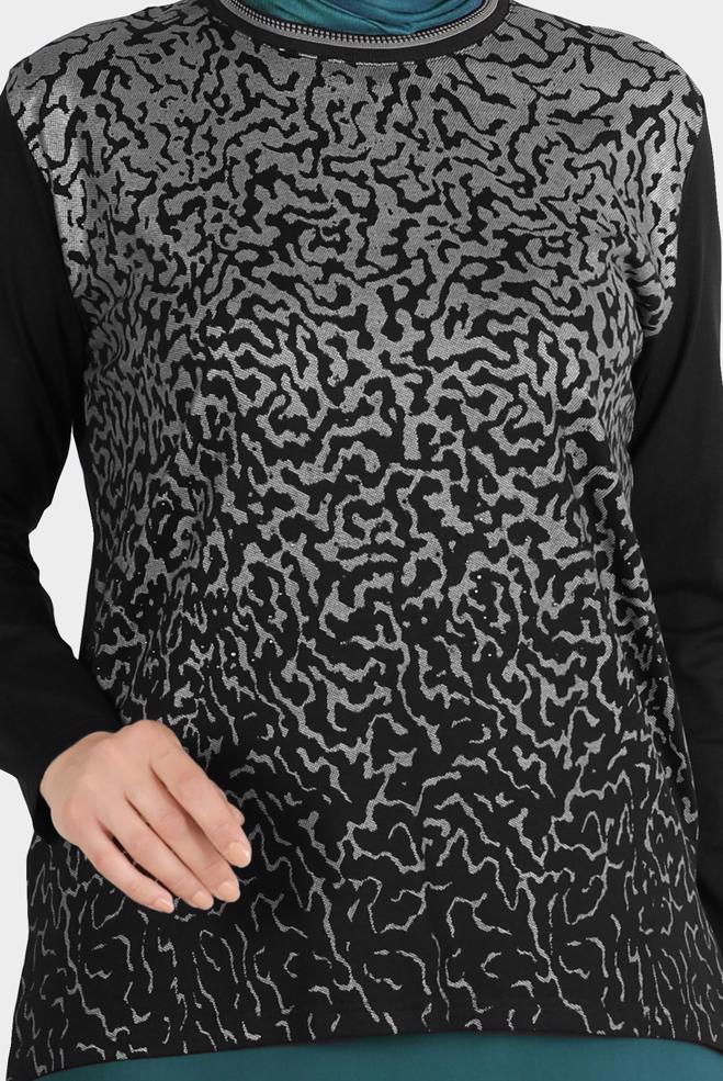 Hijab clothing BLACK PATTERNED VISCOSE BLOUSE 20248  - ALVİNA
