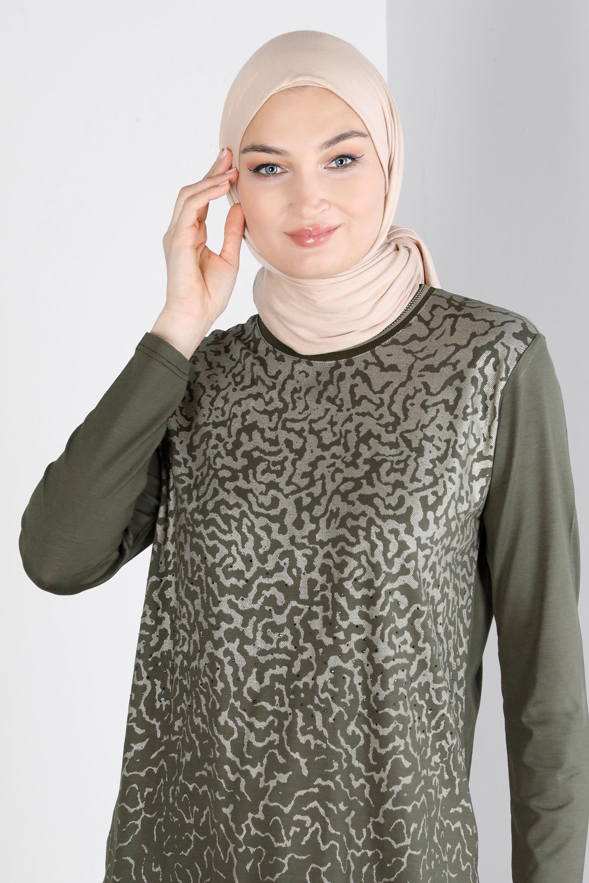 Tesettür giyim HAKİ DESENLİ ÖRME VİSKON BLUZ 20248 