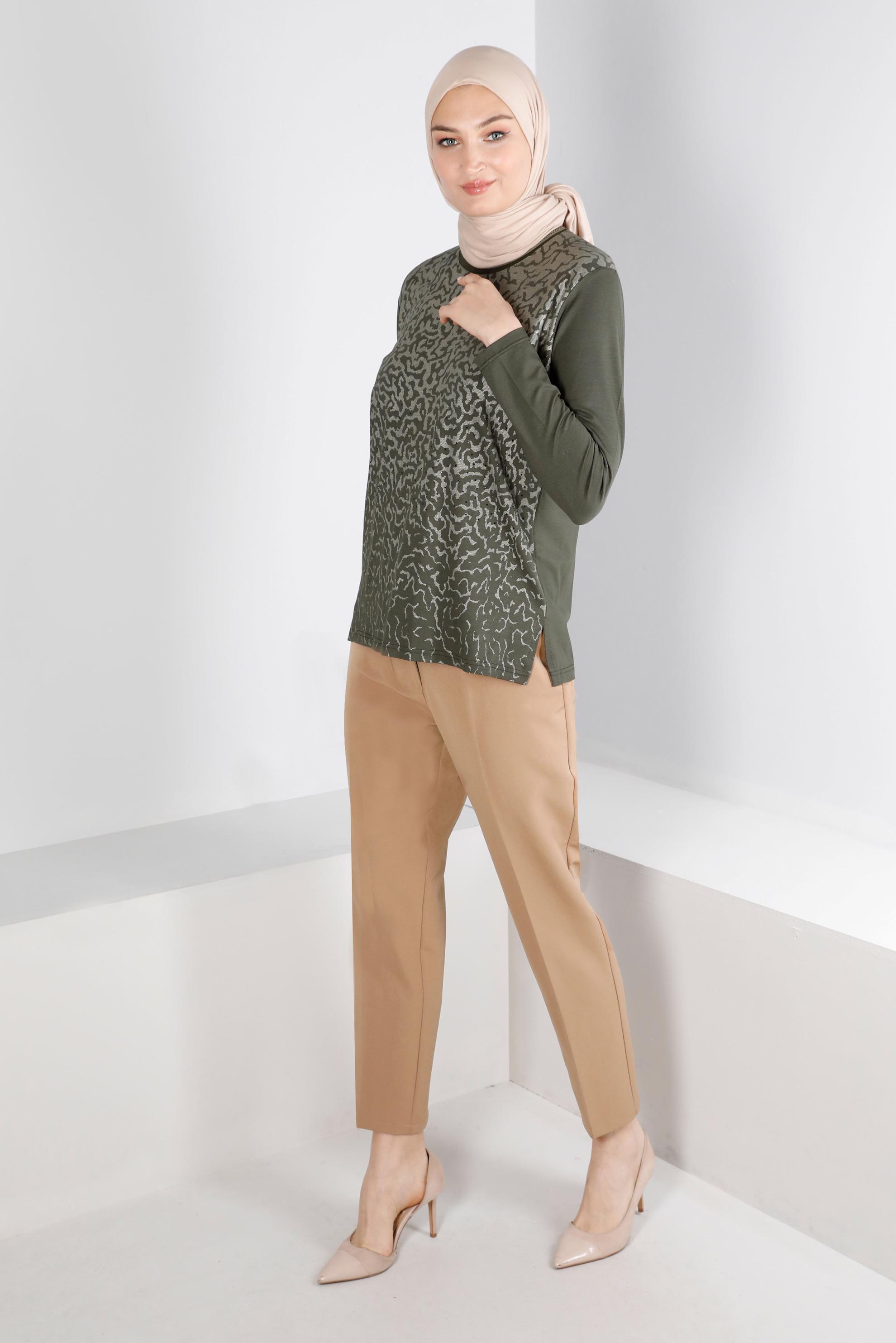 Tesettür giyim HAKİ DESENLİ ÖRME VİSKON BLUZ 20248 