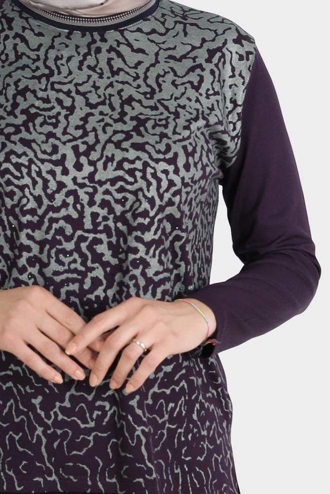 Tesettür giyim MÜRDÜM DESENLİ ÖRME VİSKON BLUZ 20248  - ALVİNA