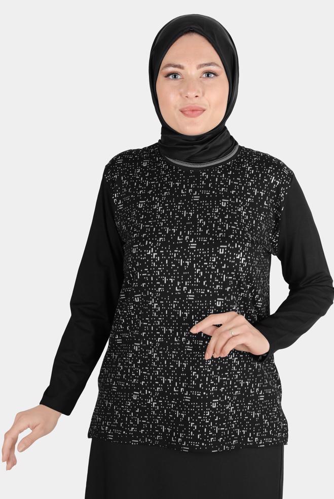 Hijab clothing BLACK PATTERNED VISCOSE TUNIC WITH GEM 20249 - ALVİNA
